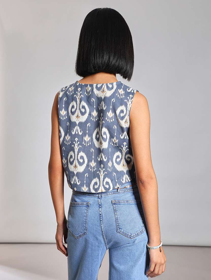women ikat printed sleeveless waist top - 21906644 -  Standard Image - 2