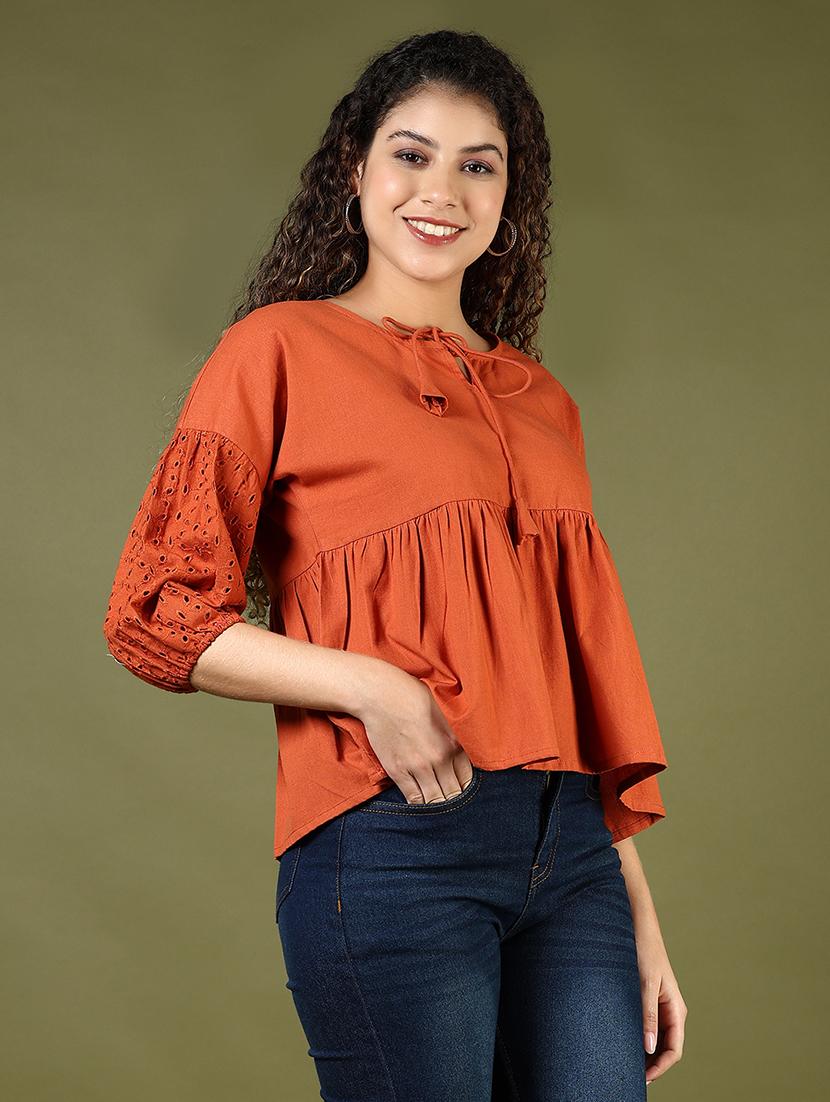 women solid puff sleeve tie-up neck flared top - 21906646 - Standard Image - 2