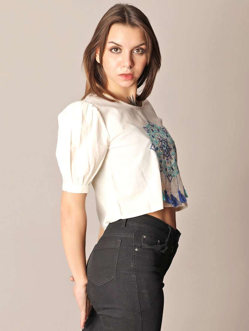 women off white embroidered round neck crop top