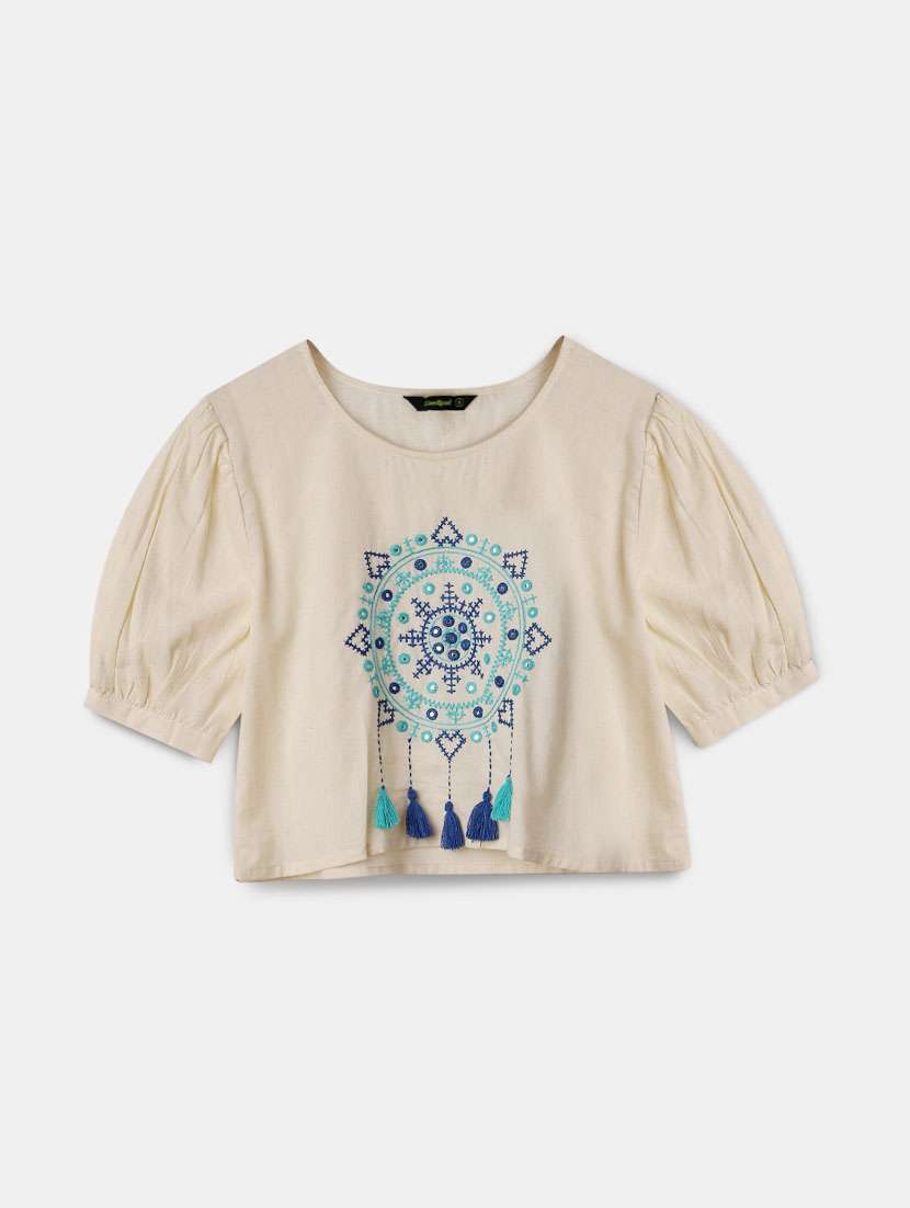 women off white embroidered round neck crop top - 21906647 - Standard Image - 2
