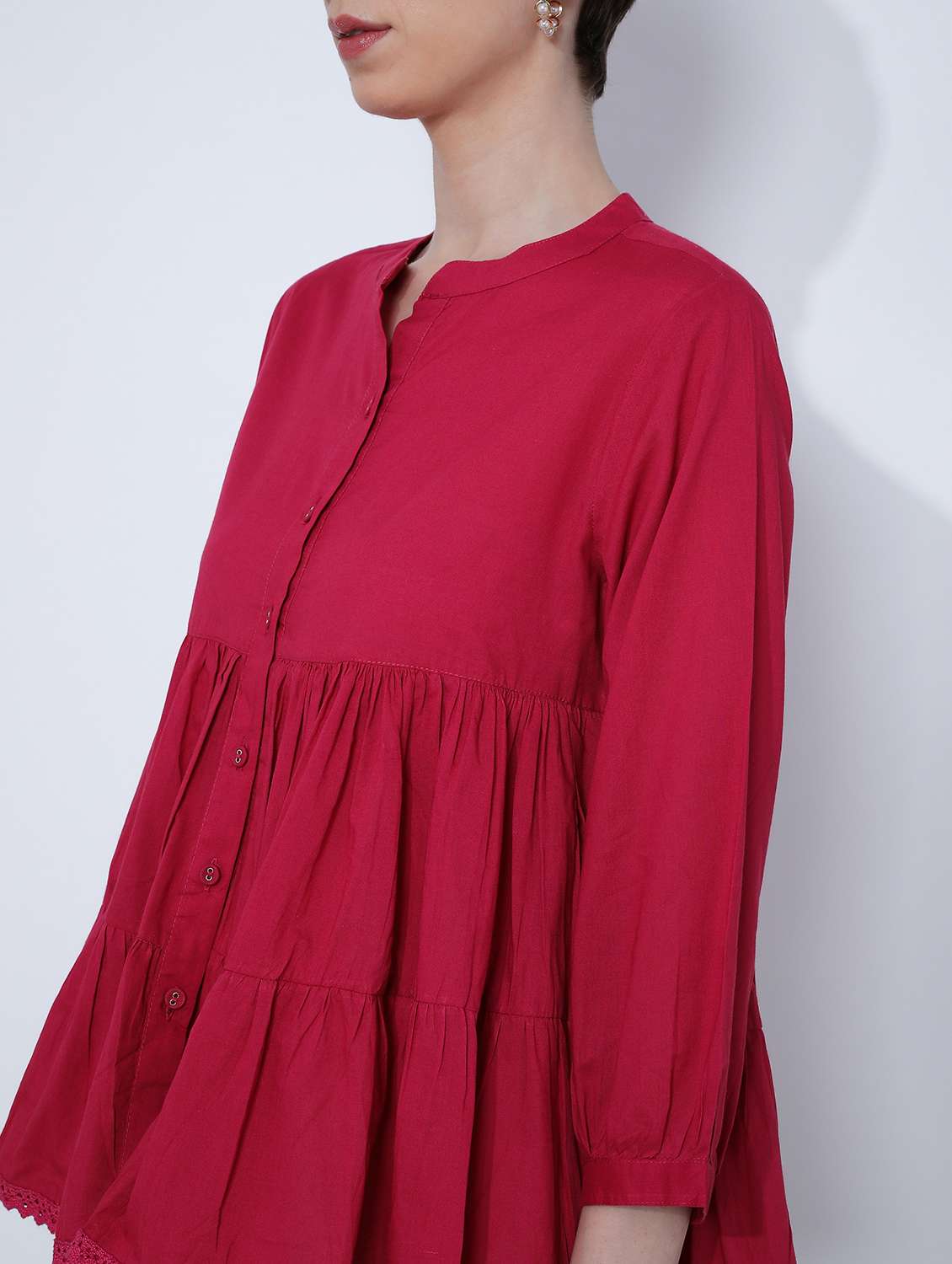 women solid three quarter sleeve tiered top - 21906652 -  Standard Image - 2