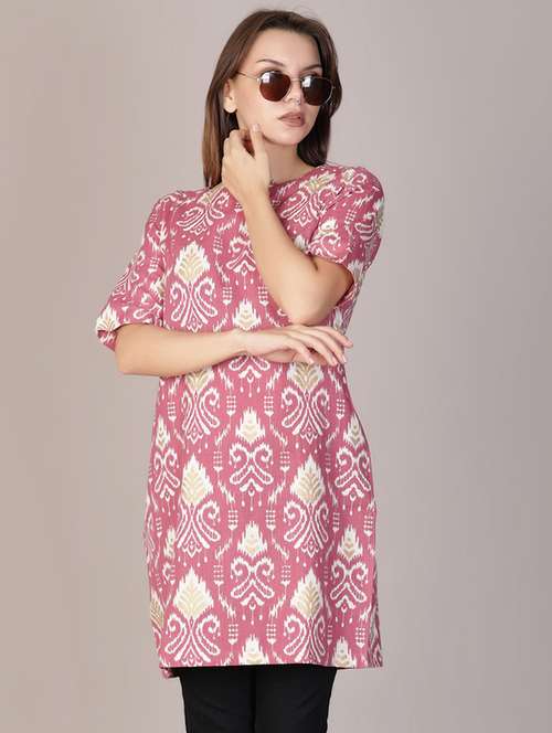 women ikat printed short sleeve a-line kurti - 21906658 - Standard Image - 0