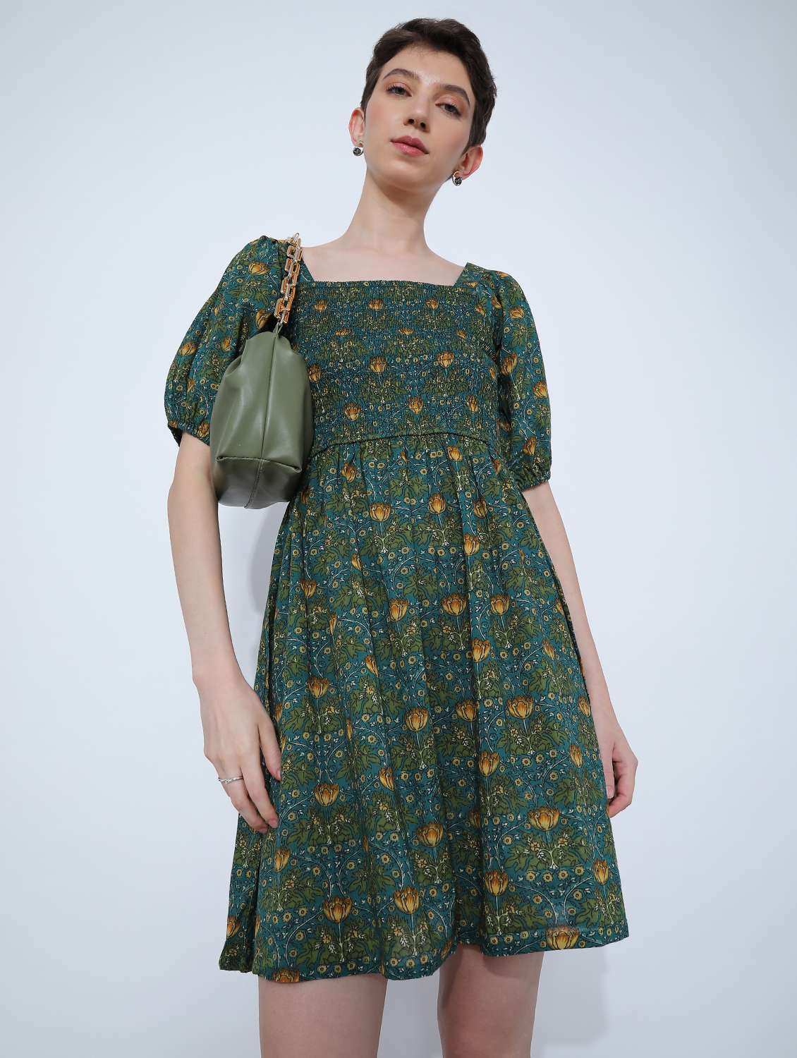 women floral puff sleeve fit & flare dress