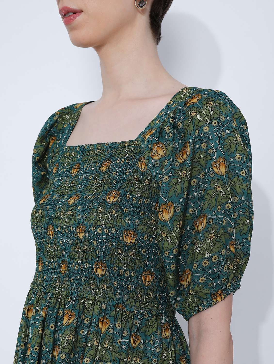 women floral puff sleeve fit & flare dress - 21906659 -  Standard Image - 2