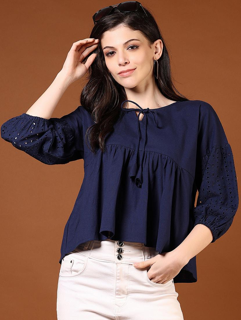 women solid puff sleeve tie-up neck flared top - 21906669 -  Zoom Image - 0