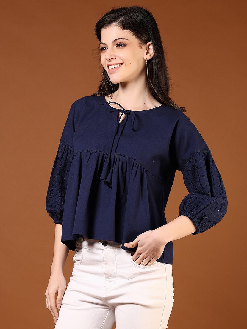 women solid puff sleeve tie-up neck flared top - 21906669 - Standard Image - 2