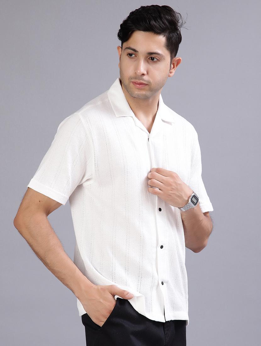 white textured fabric cuban collar shirt - 21906863 - Standard Image - 2