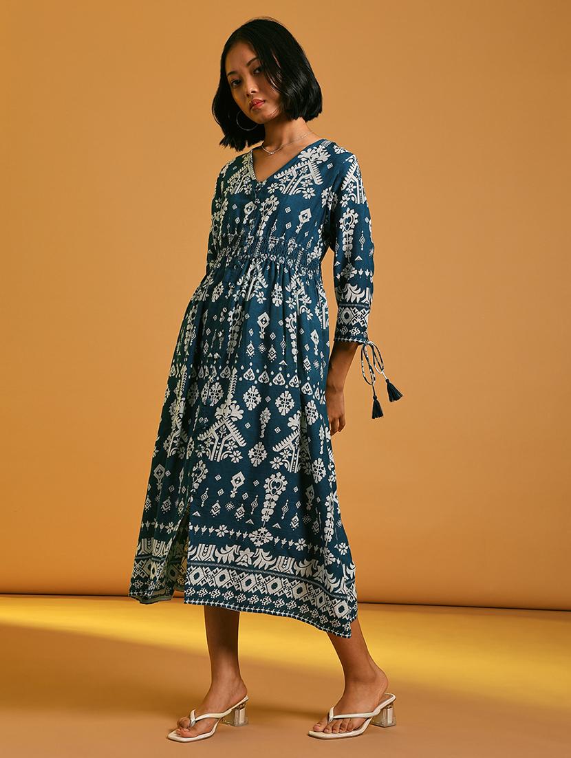 women printed three quarter sleeve a-line dress - 21907512 - Standard Image - 2