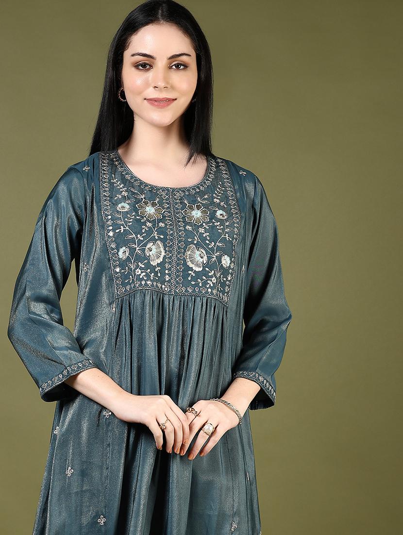 women embroidered round neck flared kurta - 21907583 - Standard Image - 2