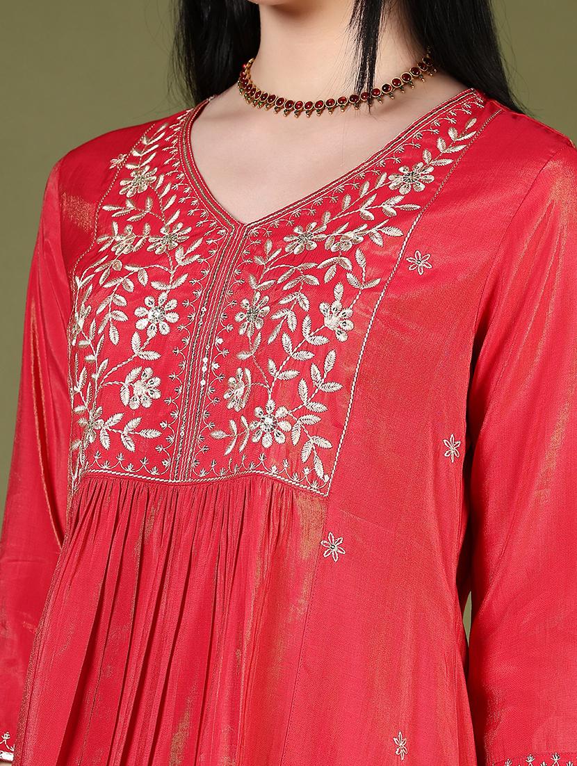 women embroidered v neck flared kurta - 21907584 - Standard Image - 2