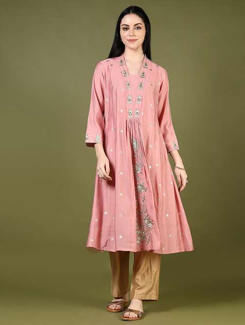 women pink three quarter sleeve a-line kurta - 21907591 -  Standard Image - 0
