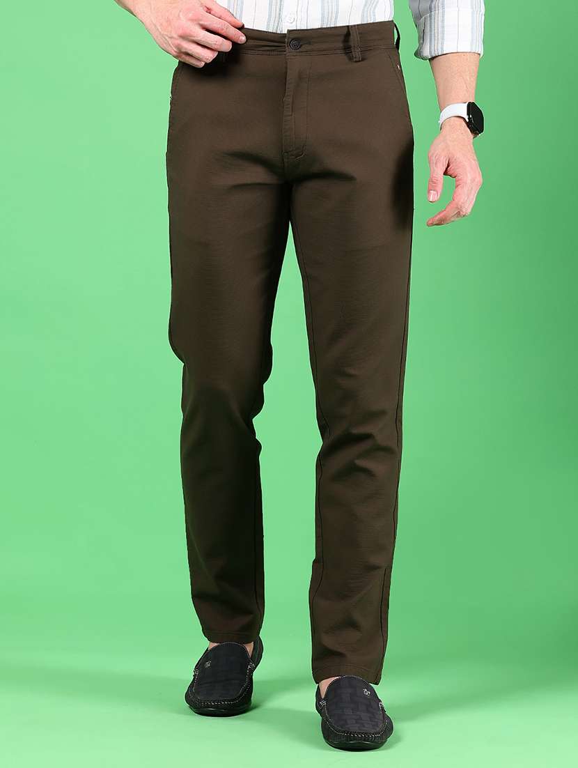 men solid md rise flat front casual chinos 