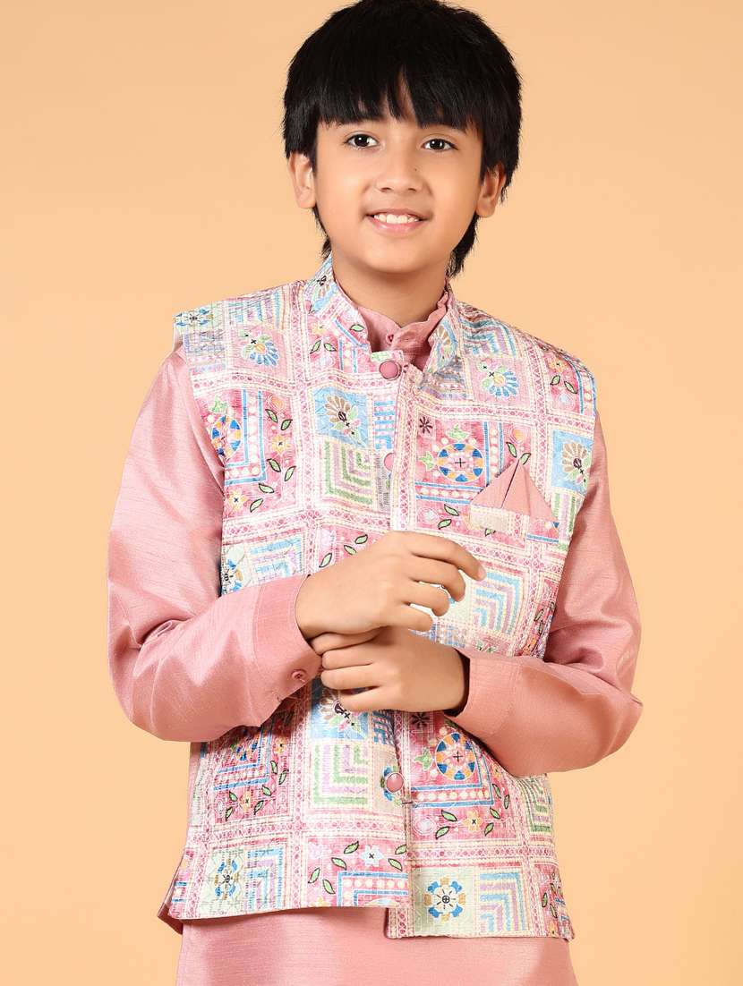 boys solid kurta pyjama with printed jacket - 21907602 -  Zoom Image - 0