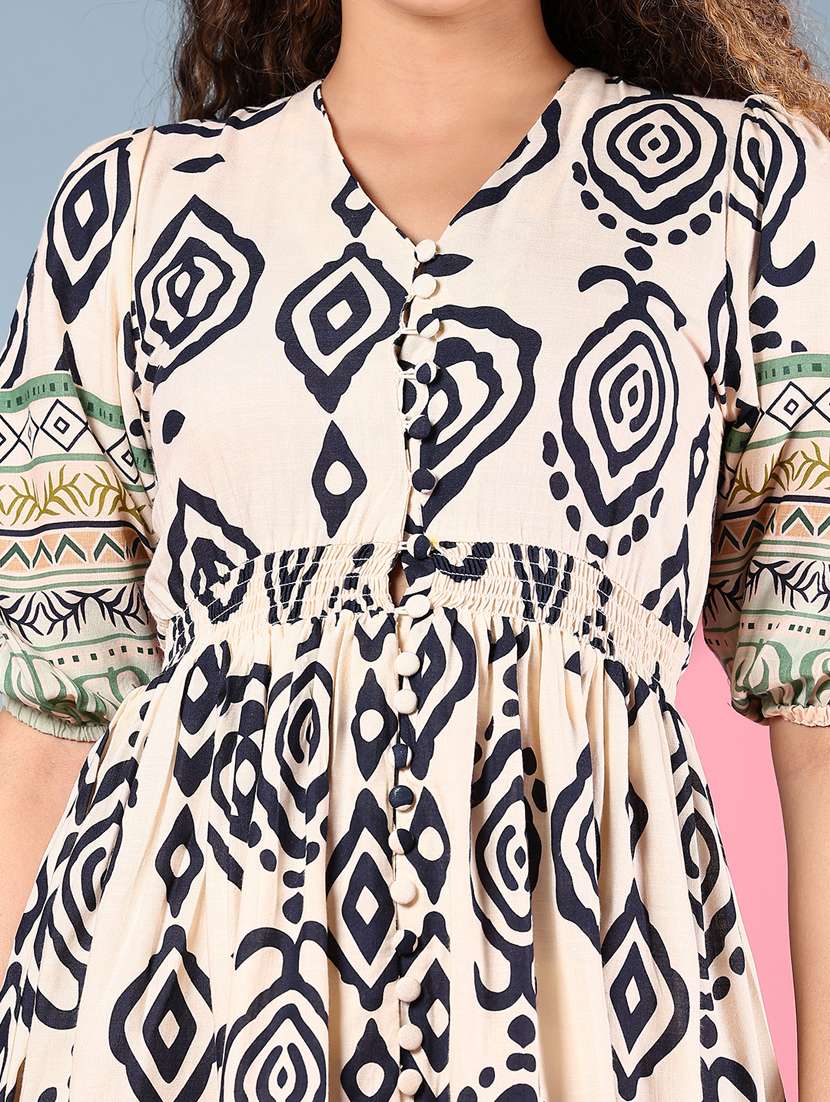 women printed puff sleeve fit & flare dress - 21907682 -  Standard Image - 2