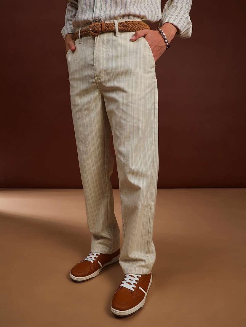 men self design mid rise flat front casual trouser