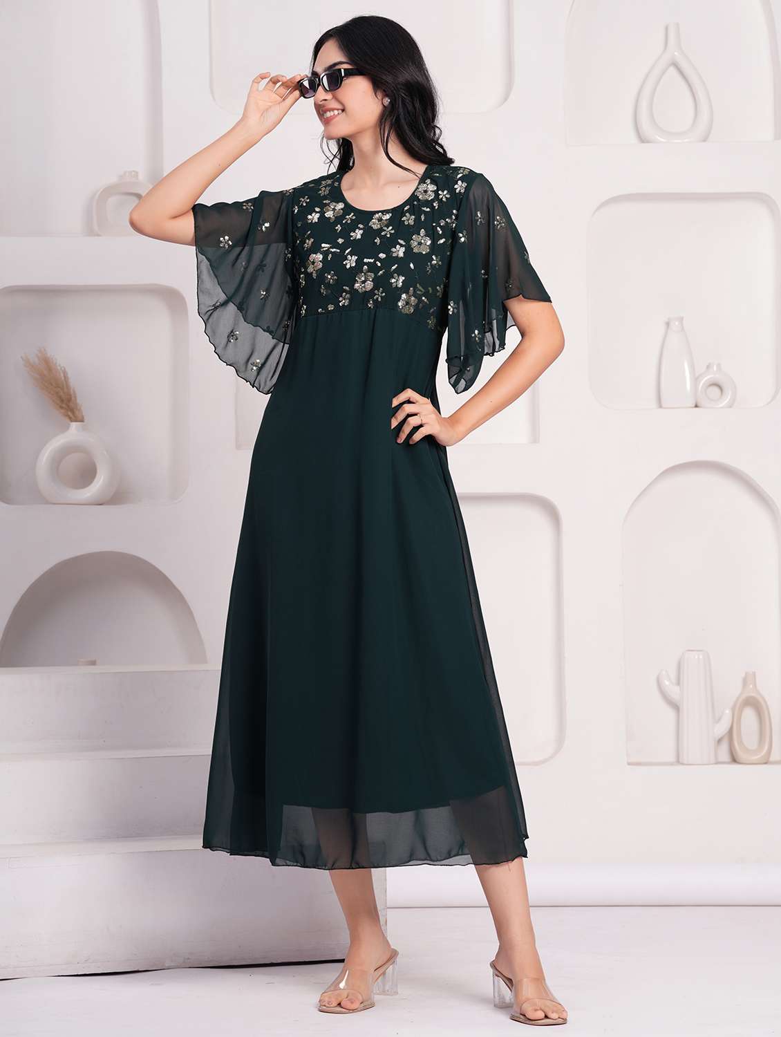 women embellished flared sleeve a-line ethnic dress