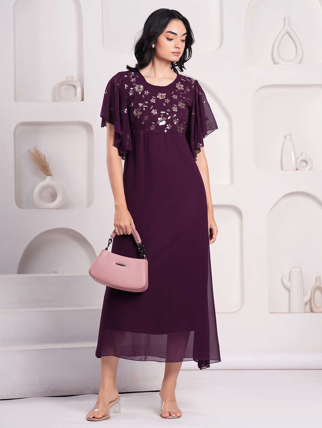women embellished flared sleeve a-line ethnic dress