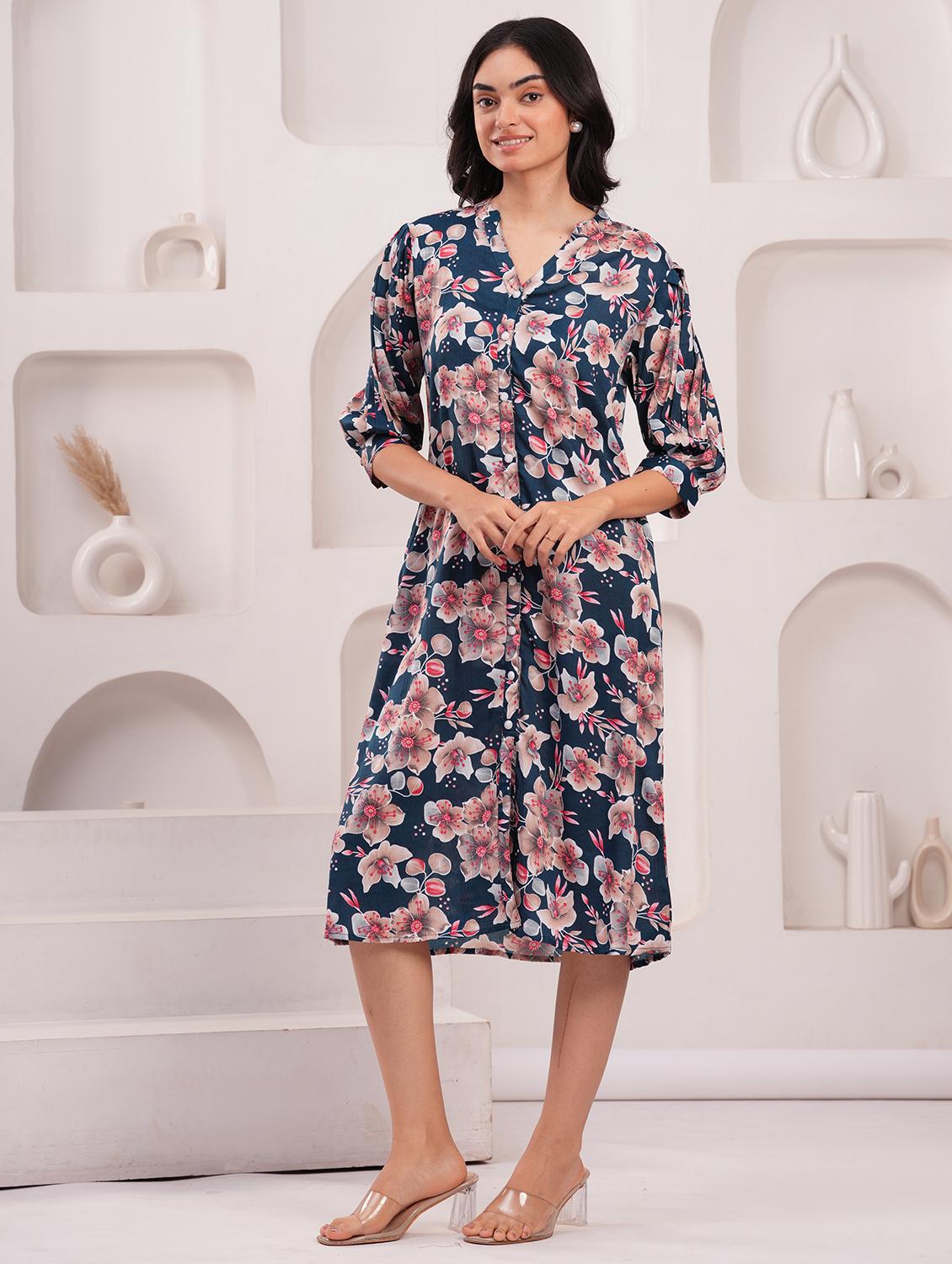 women floral three quarter sleeve a-line dress - 21908194 - Zoom Image - 0