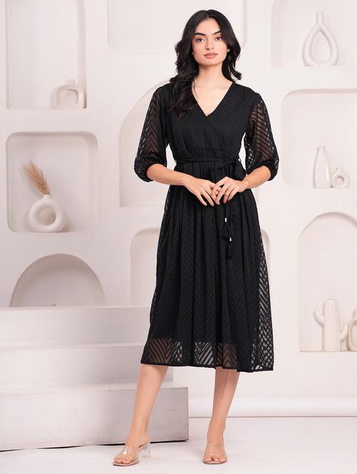 women self design three quarter sleeve fit & flare dress - 21908284 - Standard Image - 0