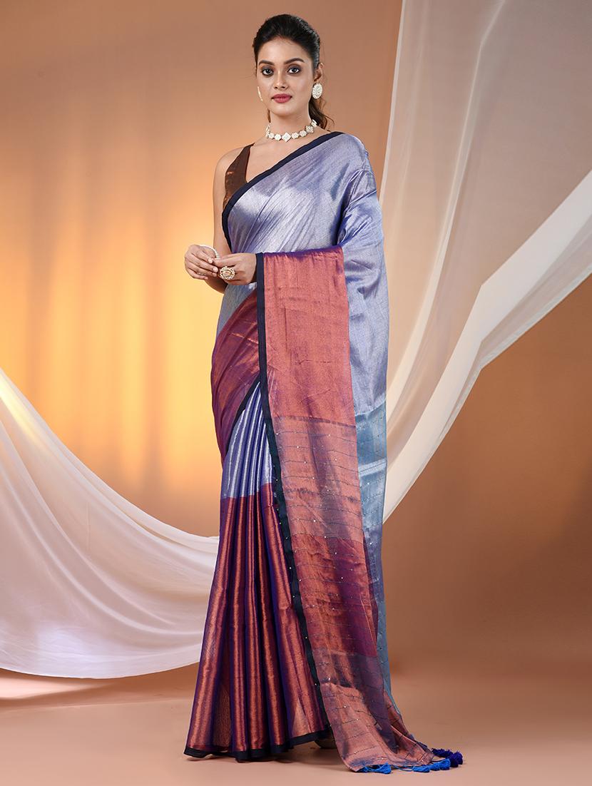women blue handloom saree with blouse - 21908361 -  Zoom Image - 0