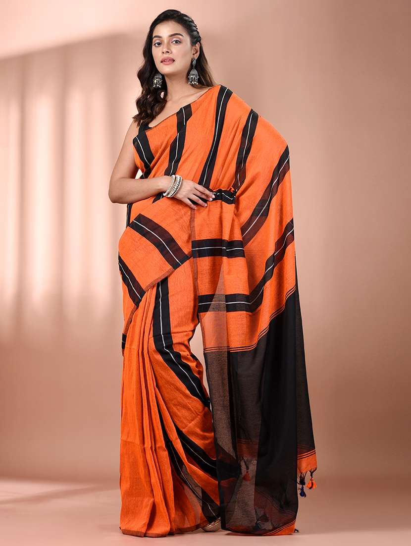 women orange handloom saree with blouse