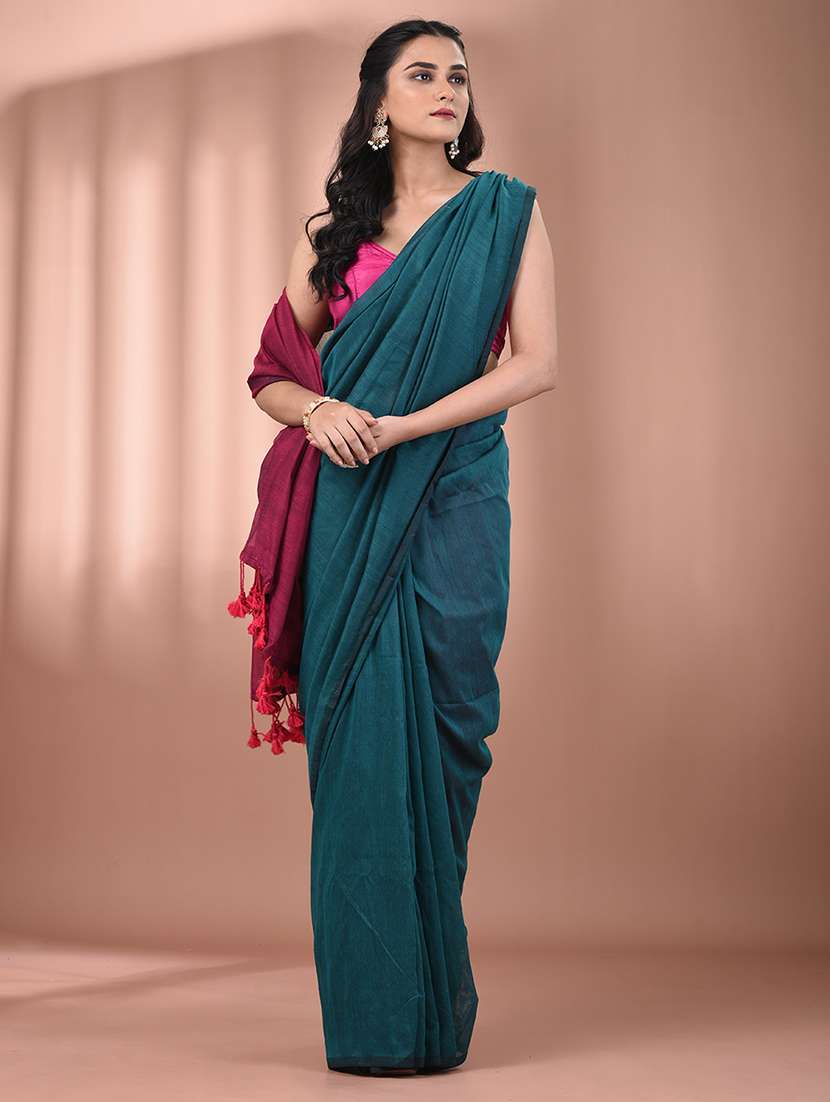 women solid handloom saree with blouse