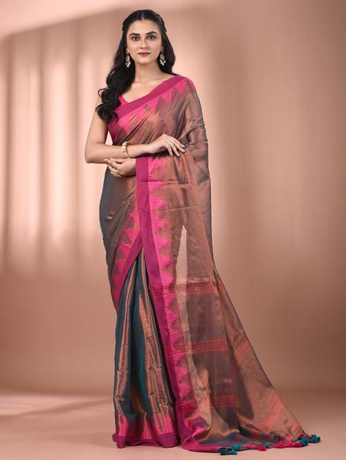 women solid with bordered handloom saree with blouse - 21908420 - Standard Image - 0