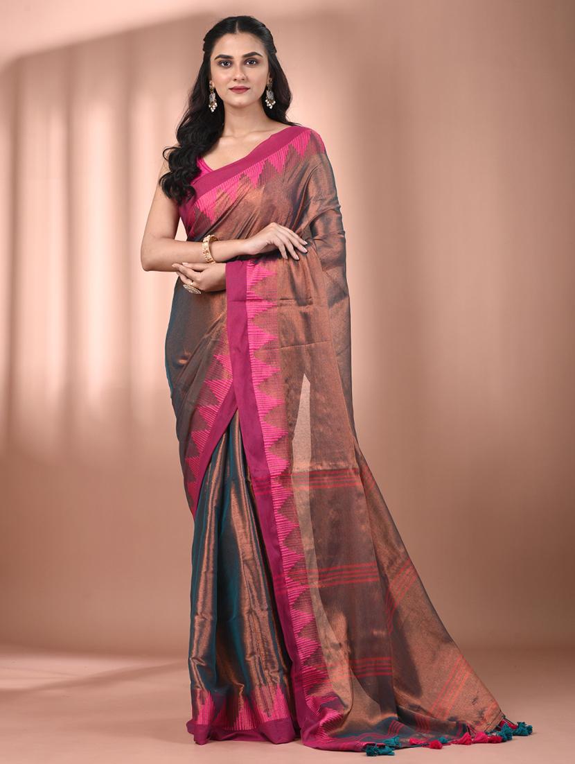 women solid with bordered handloom saree with blouse - 21908420 - Zoom Image - 0