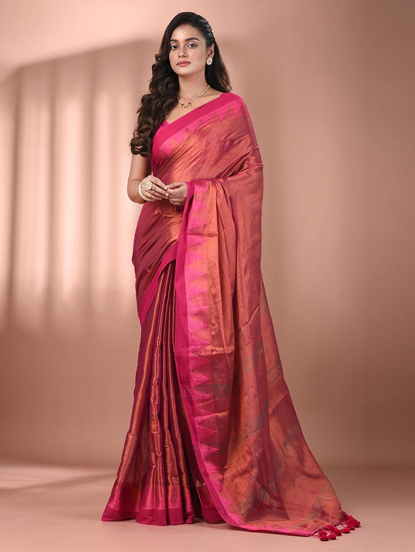 women solid with bordered handloom saree with blouse - 21908425 - Zoom Image - 0