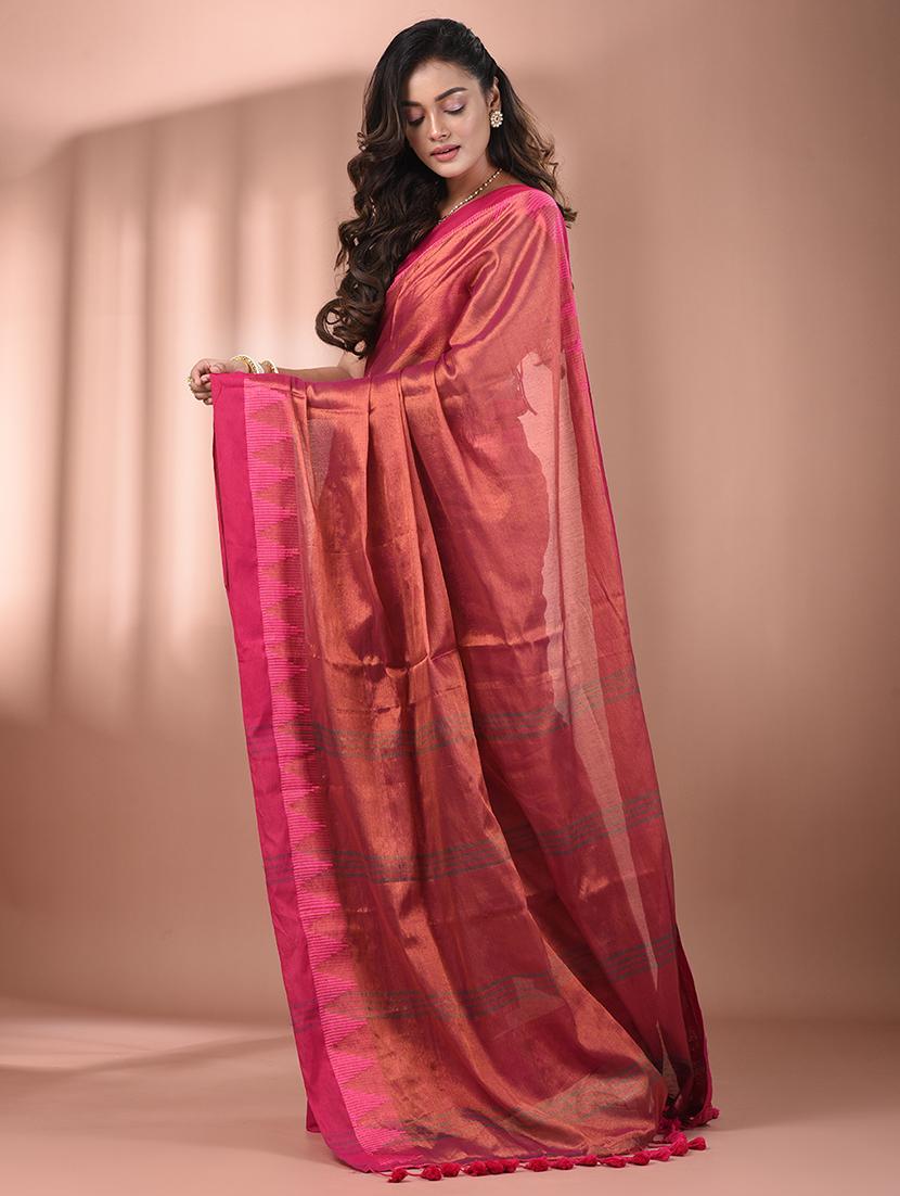 women solid with bordered handloom saree with blouse - 21908425 - Standard Image - 2