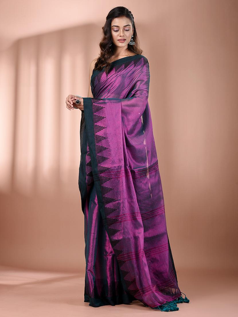 women solid with bordered handloom saree with blouse - 21908428 - Standard Image - 2
