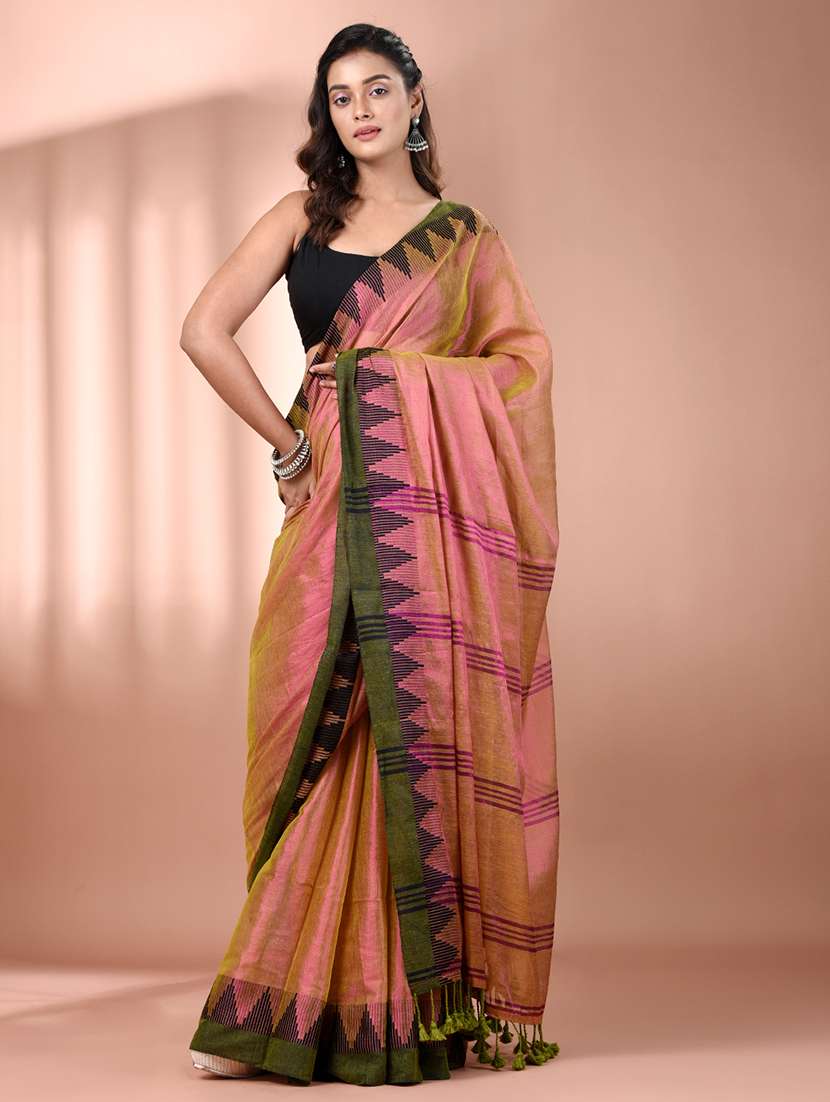 women solid with bordered handloom saree with blouse