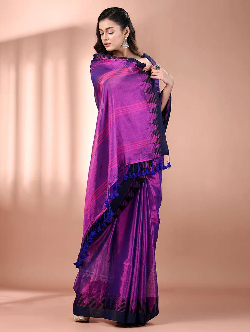 women solid with bordered handloom saree with blouse - 21908430 - Standard Image - 2