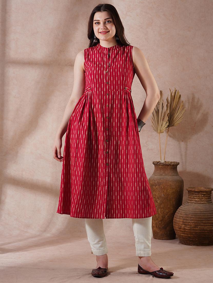 globus women maroon striped mandarin collar pleated button-down front slit workwear kurta - 21908434 -  Zoom Image - 0