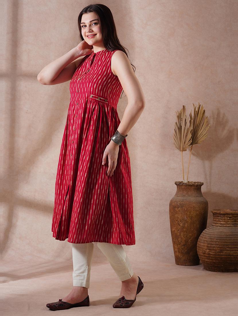 globus women maroon striped mandarin collar pleated button-down front slit workwear kurta - 21908434 - Standard Image - 2