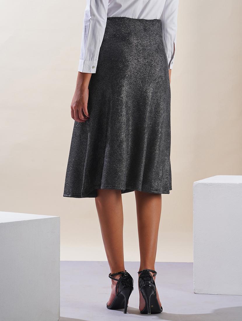 globus women gunmetal shimmer ribbed mid-rise flared midi party skirt - 21908450 - Standard Image - 2