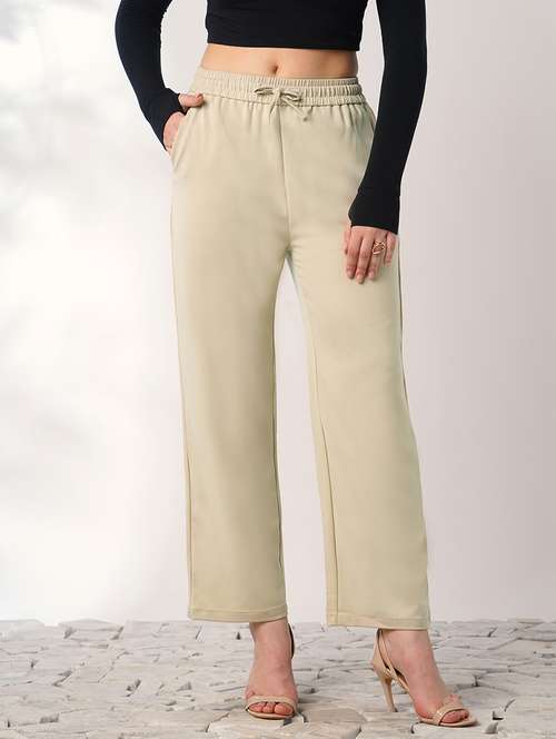 globus women beige mid rise elasticated waist relaxed fit trousers - 21908452 - Standard Image - 0