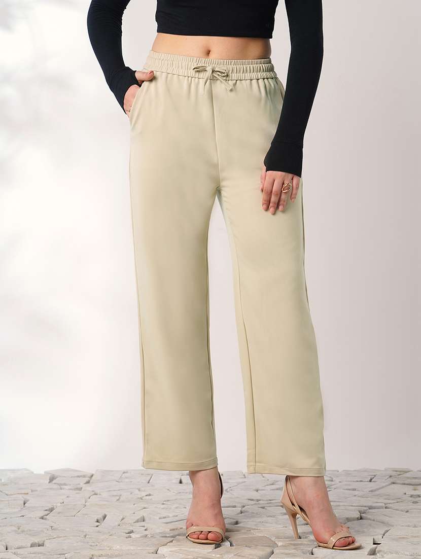 globus women beige mid rise elasticated waist relaxed fit trousers - 21908452 - Zoom Image - 0