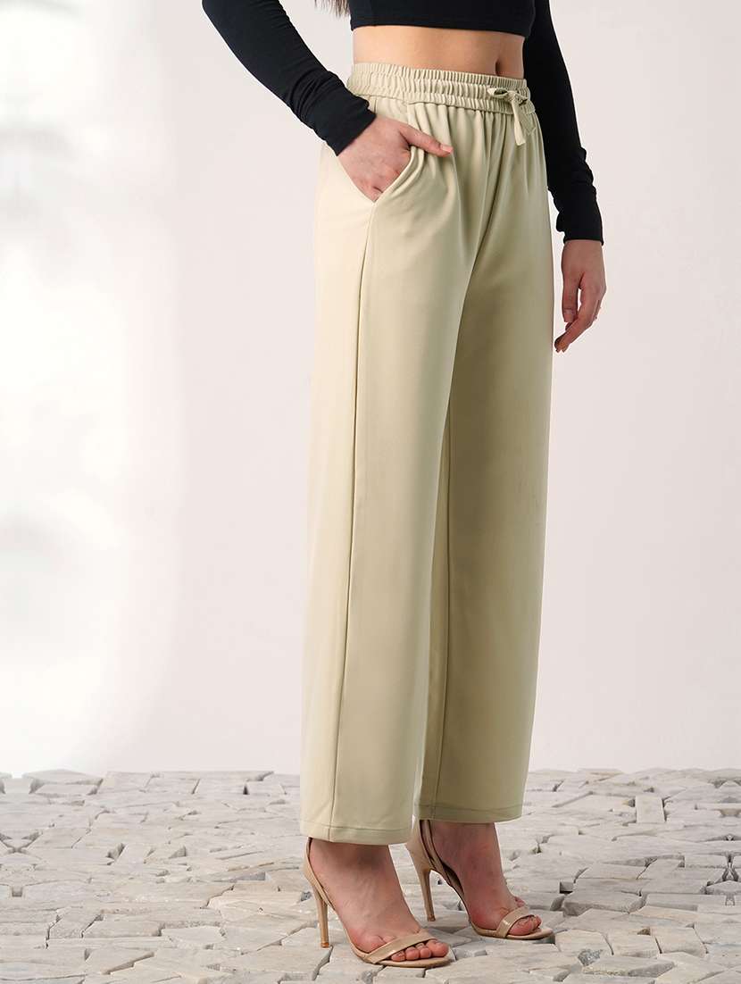 globus women beige mid rise elasticated waist relaxed fit trousers - 21908452 - Standard Image - 2