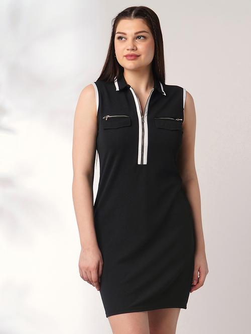 globus women black collared neck front zip pocket detail solid mini bodycon dress - 21908465 - Standard Image - 0