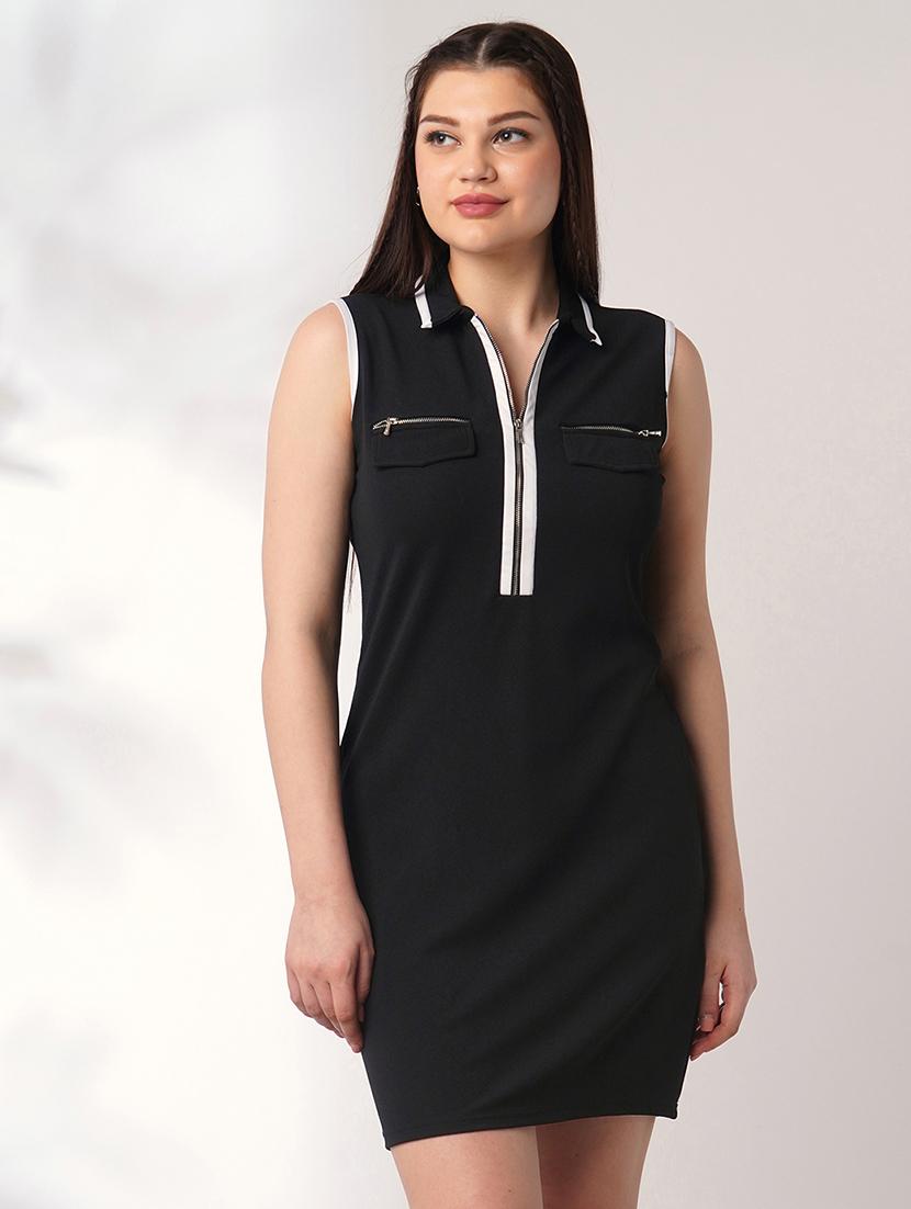 globus women black collared neck front zip pocket detail solid mini bodycon dress - 21908465 - Zoom Image - 0