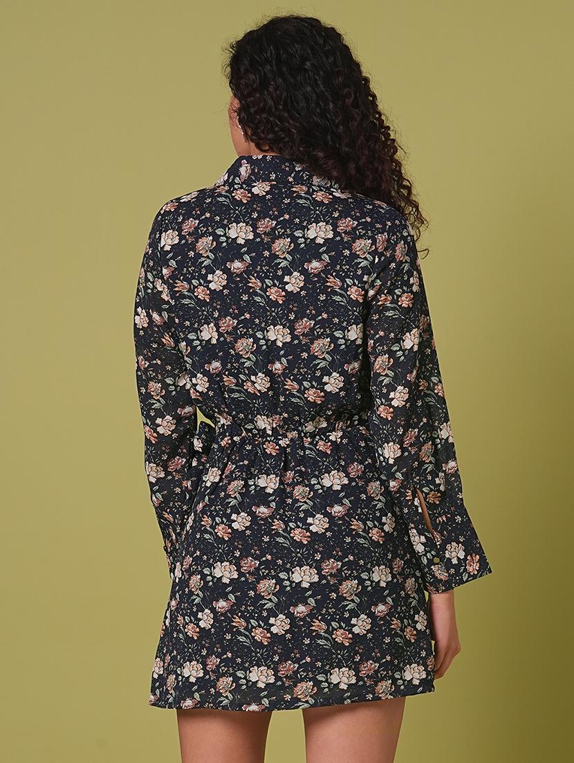 globus women navy blue collared v-neck cuffed sleeves allover floral print mini tie-up wrap dress - 21908466 - Standard Image - 2