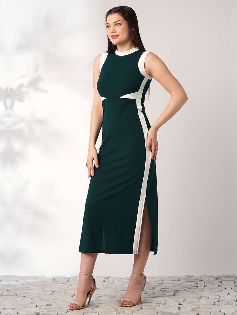 globus women green round neck sleeveless colourblock side slit midi bodycon workwear dress - 21908469 -  Standard Image - 2
