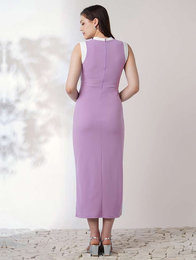 globus women lavender round neck sleeveless colourblock side slit midi bodycon workwear dress - 21908470 -  Standard Image - 2