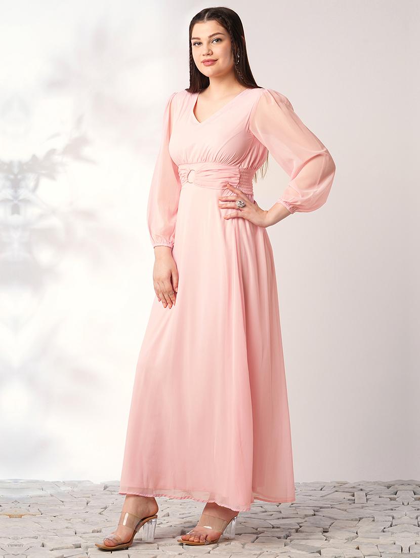 globus women pink v-neck bishop sleeves smocked fit & flare maxi party dress - 21908473 - Standard Image - 2