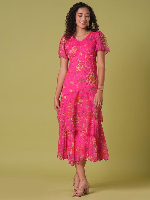 globus women pink v-neck flared sleeves floral print layered fit & flare maxi party dress - 21908474 - Standard Image - 0