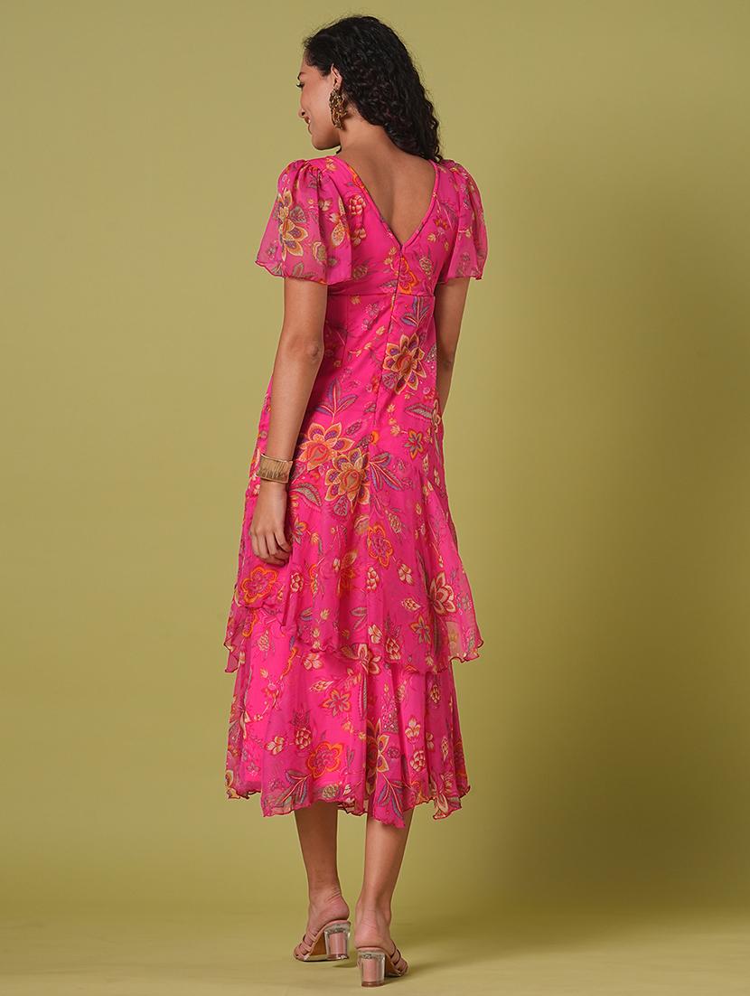 globus women pink v-neck flared sleeves floral print layered fit & flare maxi party dress - 21908474 - Standard Image - 2