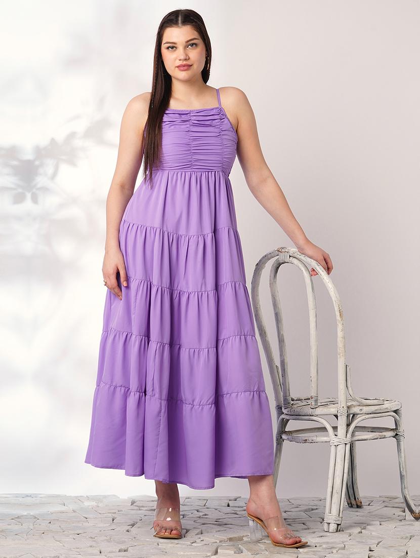 globus women lavender square neck strappy shoulder ruched smocked cut-outs detail tiered fit & flare maxi party dress - 21908477 - Zoom Image - 0