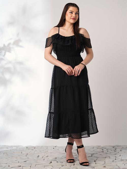 globus women black off shoulder self design ruffles detail smocked fit & flare midi party dress - 21908478 - Standard Image - 0