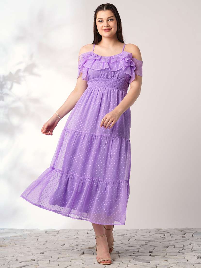 globus women lavender off shoulder self design ruffles detail smocked fit & flare midi party dress
